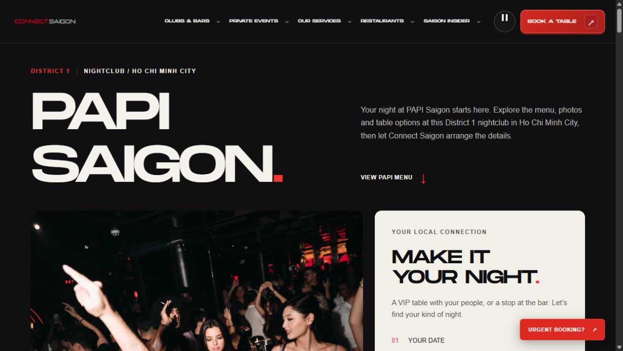 Actual PAPI Saigon venue directory page with venue introduction and booking links